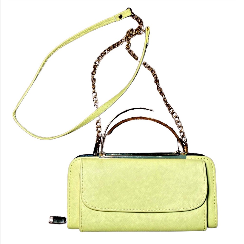 Forever 21 yellow faux leather purse with gold accents and phone holder